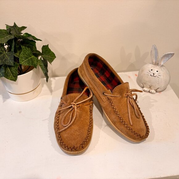 Laurentian Chief Driving Moc 2 eyelets collar plaid wool lined natural sole Sz10 - Picture 1 of 11